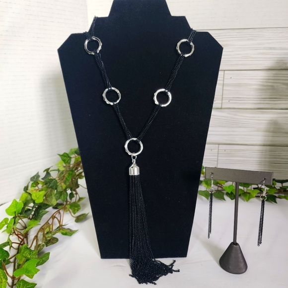 Long Multi Black Chain Necklace with Tassel and Matching Earrings Set - Picture 3 of 10